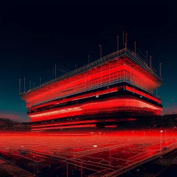 A bright pixel art cyberpunk-style illustration of the old trafford Stadium, home of man utd, glowing in red and white neon lights. The stadium is set in a futuristic skyline with illuminated skyscrapers, digital billboards, and a glowing road leading to the main entrance. The architecture is sleek and modern, with light reflecting off metallic surfaces. A toffee and a glowing red devils crest hologram float in the sky, casting a radiant gold hue. The city around is lively,