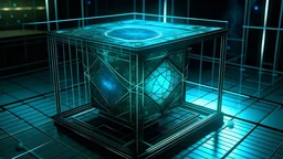 Cube tesseract from movie Loki. Tesseract size half of image. Located strictly in the middle of picture with space around it and with navy blue/green glow inside tesseract. Without surface/table on which it stay.