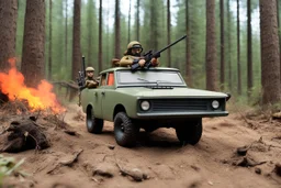 [1960’s stop-motion animation style in woods] a 70s rifle gun advertisement video TV featuring a crazy artist with black goggles brown curly hair and a grayish beard in combat fatigue holding a hunting rifle in front of his international scout automobile as a claymation character toy from a claymation horror movie in burning rainbow land, from hell, creepy Videos, eyeballs and trees everywhere , as old advertisement shot on video VHS
