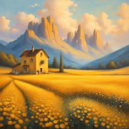 painting of a house in a field of flowers, inspired by Guido Borelli da Caluso, yellow hue, dotart, dragan bibin, fantasy italy, golden colour, jingna zhang, golden hour, perfect Wide long shot visual by @challenge2pt masterpiece.