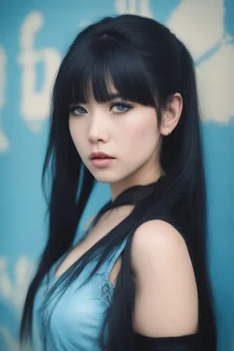 an absolutely gorgeous Japanese female named Christine Sixteen with Long, pitch-black hair, two ponytails, bangs cut straight across forehead, blue eyes, sky blue stained wall in the background, dressed as a member of the Rock and Roll band KISS,