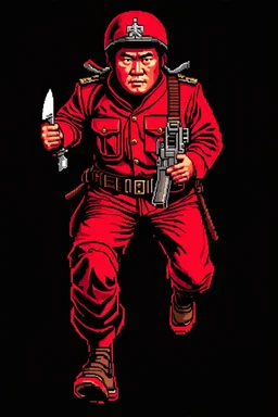 mongolian soldier(uniform and face based on racist steriotypes) running towards viewer, a knife i one hand, and a gun(barrel pointing at viewer) in the other. blocky retro 1960's jack kirby style poster in monochrome with white background
