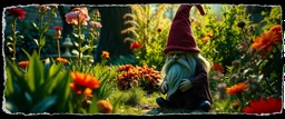dark gnome in bright garden , pinhole cam, airbrush 3d rendering, in the style of John Atkinson Grimshaw , torn edges on border