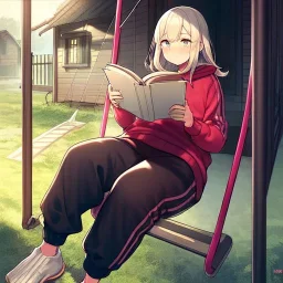 anime girl writing with a pencil in a book sitting on a porch swing of a very old house in the rain, wearing jogging pants and a sweatshirt