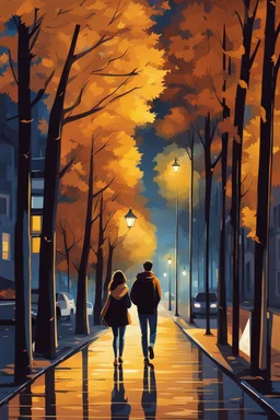 night yellow lights over the street trees autumn leaves under feet ,a Student adult girl with books in her hand walking in street turned back to talk to a boy walks after her few meters away her back