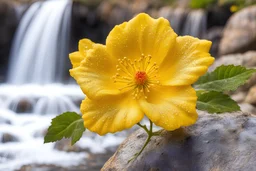 rock rose yellow cosmic sparkling flower in close-up. in the waterfall background.