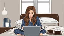 under a bed lying a woman and working on a laptop, she has half-length brown hair and wearing pajamas , pale light, half socks and a mug of coffee next to her, high detalied, sharp focus, high realistic photo, perfect shot