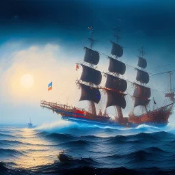 Beautiful pirate ship in the ocean, complicated, incomprehensible, 3D, bulky, symmetrical, artistic, 4K, 8K, Wassily Kandinsky