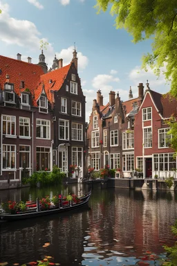 a beautiful Dutch scene in Amsterdam, with gobbled houses with red roofs and canal, frontal view, photo realistic, 8K