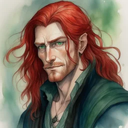 dnd, fantasy, watercolour, large strokes, stylistic, portrait, illustration, dull colours, male, face, narrow long face, weathered face, green eyes, determined, smiling, red hair, very long hair streaming down the shoulders, lush hair, radiating light, five o'clock shadow, elegant