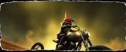style John Atkinson Grimshaw,3d airbrush render, cut out darkling slender gnome on huge chopper bike with bright aura , pinhole cam, airbrush 3d rendering, torn edges on border