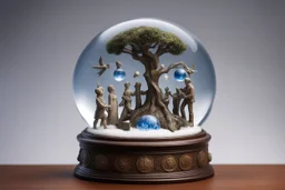 снежный шар, ось мира, Вокруг основания дерева можно разместить миниатюрные фигурки, символизирующие различные миры или слои реальности (например, мир богов, мир людей, мир духов). Каждый мир может быть выполнен в своем стиле и цвете. На основании шара можно разместить компас или символы, обозначающие стороны света. Каждая сторона света может быть связана с определенным элементом (огонь, вода, земля, воздух).