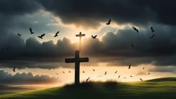 Hyper Realistic Photographic Silhouette View (Rule Of 3rd View) Of Jesus On Cross At Cloudy Sunset On A Grassy Hill With Few Birds Flying Far Away The Cross Showing Dramatic & Cinematic Ambiance.