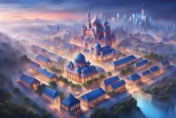 Create a magical city escape, with a detailed, imaginative depiction in the style of realistic, illuminated by dreamy haze, an aerial perspective, high detail quality, --v 1.