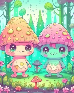 Two mushroom boys in the forest with big cute heads, small body. Big sparkly monster eyes. Soft baby pastel colours. kawaii style, Sparkles around. underwater colours. sparkles. Happy. bushes around and moss.