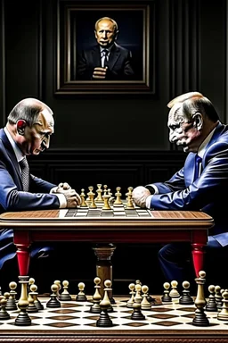 Vladimir Poutine playing chess with human pieces