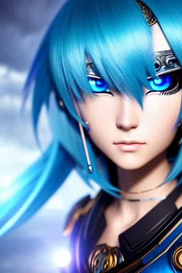 Cyborg anime warrior, light blue hair, short and messy hairstyle, pierced ears, round ears, golden eyes, waist up portrait, 8k resolution, intricate details, ornate details, soft lighting, vibrant colors, retroanime, masterpiece, intricate eyeliner, dark eyeshadow, eyes, intricate tattoos, futuristic cityscape background