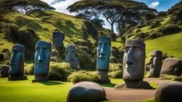 calm beauty, fantasy, magic, splendor, uplifting, inspiring, therapeutic, Easter Island stone statues with faces, springtime, sunlight, chiaroscuro, color, award-winning colour photograph, Nikon 135mm, style Disney, style Salvador Dali