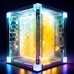 futuristic translucent neuro cube, inside the cube there are partitions of honeycomb plates, ambient lighting