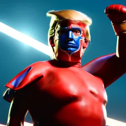 realistic image of donald trump as a mexican wrestling fighter posing, Mexican eyes wrestling mask, red blue dress, retro style, 80s, vibrant color, highly detailed, sky background, concept art, unreal engine 5, god rays, ray tracing, RTX, lumen lighting, ultra detail, volumetric lighting, 3d, finely drawn, high definition, high resolution.