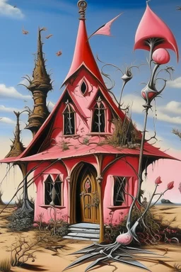 A rosy pink witch house with magic brooms painted by Salvador Dali