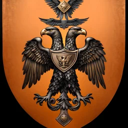 Bronze emblem double-headed eagle symmetrical and positioned on a single neck, Each head looks in different directions, one head facing left and the other right, wings of the eagle are spread wide, bronze shield