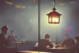 Smoky pub, cheerful young men drinking around a table, a policeman looking thoughtfully at the ID card of one of the boys, lantern light