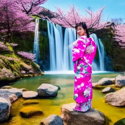 jolie femme asiatique en kimono près d'une cascade d'eau transparente entouré de cerisiers du japon avec aurore boréale rose