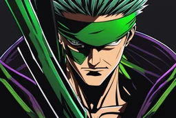 Roronoa Zoro with Body parts mechanism in 8k 2D anime cyberpunk drawing style, close picture, fantasy, neon, highly detailed, high details, detailed portrait, masterpiece,ultra detailed, ultra quality