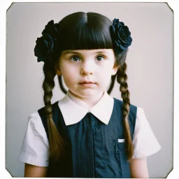 wednesday addams as a child, braids, frange, with black roses, worn polaroid, 1970s, thretaning