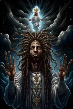 portrait of a cross with octopus arms up towards heaven, hair standing straight up, fluffy clouds, intense eyes,looking upwards, white pupils, close facial portrait of the streetwise magician posing in elaborate cape, angels and demons, fireflies , staircase with closed gates of heaven, 4 k, down light, depth of field, trending on art station, high detail, cracked ground