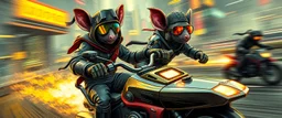 robotic ai pirate nepotism in the style of fallout 4 hi speed rocket ship on leaning scooter in a swing, coated rat gremlin captain in high speed pursuit among neon spy vs spy rat cyber soldiers, with background motion blur, airbrush and pen outline, in the style of Fallout 4 and Cyberpunk and GTA5, huge sun glasses with mirror reflection, tounge out