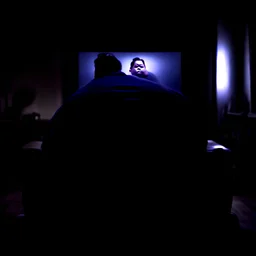 (fineart:1.5, masterpiece1.5) (realism:1.5) award winning picture of award winning fat johnny dep, dark art, , fat man watching tv, tv in frame , third person view