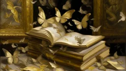 Enjambre de polillas blancas emergiendo de un libro abierto → Pintura → biblioteca abandonada → simbolismo literario → contraste entre materia y vuelo → óleo y pan de oro → composición central → iluminación de una única ventana → paleta sepia, blanco y dorado → atmósfera misteriosa → paleta cromática cálida → realismo fantástico → detalle exquisito → textura envejecida.