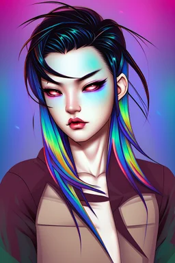 asian androgynous girl, in detailed comic illustration, piercings,rainbow hair, androgynous look, epic colour treatment, cinematic colour treatment