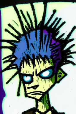 2d portrait drawing of a stickman, cool with punk hair, x eyes like hangman, close-up, in colour