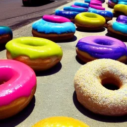 beautiful coloured doughnuts rolling down a street in San Francisco