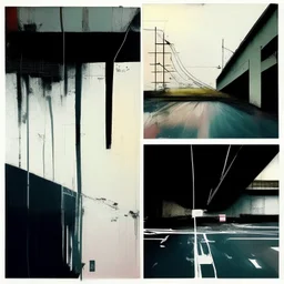 Minimal contemporary abstract oil paintings of a dirty desolate 1960s carpark with road markings and concrete fragments. style of Justin Mortimer and Francis Bacon.