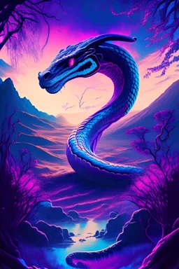 majestic cobra, psychedelic, violet and light blue tones, fantasy landscape