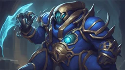 Nautilus is a champion in the game League of Legends with a menacing and alluring appearance. He wears a heavy blue suit with spider-like and metallic elements. He has a sturdy frame and a massive metal mask covering his head, which features two glowing eyes. He wields a weapon made of metal flanges called the "Anchor of the Depths" and is known for powerful movements and devastating strikes.