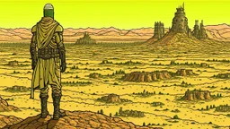 Desert warrior from behind looking at a city on a plateau in the distance, comic style