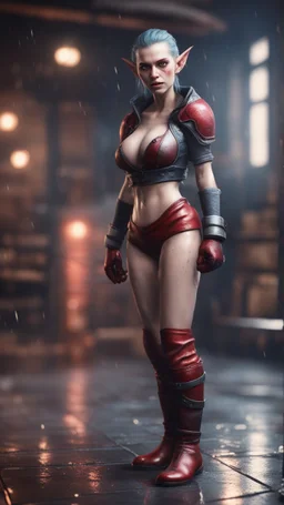 full figure with boxing gloves, standing on wet tiled floor, female vampire elf from worms armageddon wearing makeup, bokeh like f/0.8, tilt-shift lens 8k, high detail, smooth render, down-light, unreal engine, prize winning