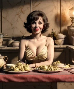 Ultra realistic photographic portrait, happy young Gina Lollobrigida woman sitting with arms resting on Italian kitchen table, pretty tortellini dish with olive oil and albahaca, renaissance style decoration, soft color, highly detailed, unreal engine 5, ray tracing, RTX, lumen lighting, ultra detail, volumetric lighting, high definition.