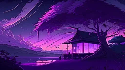 anime illustration place, high detailed, peace, calm , relax,purple glowing