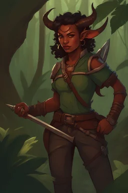 A DnD character. A female horned Tiefling ranger in a jungle. The Tiefling has a little dinosaur on her shoulder and a rapier in her hand.