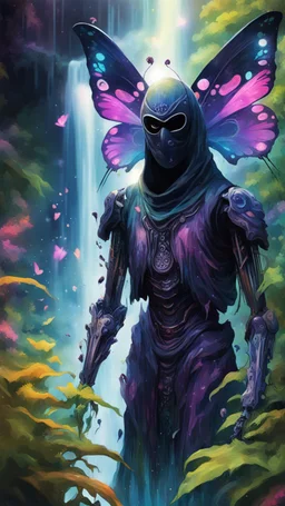 portrait of masked ninja dementor butterfly psychedelic interdimensional robot in the garden, waterfall and elves ,lotsa wild weed, in spotlight, magazine cover illustration with spray paint, signed, bokeh like, down-light, unreal engine, prize winning