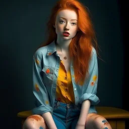 pretty girl, aged 21, ginger, attractive, colourful clothes, realism, jeans, sexy