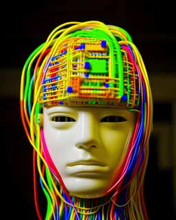 focus on a white robotic head, with cables connected, colorful wires.