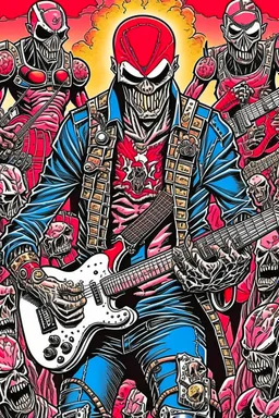 A hard rock band made up of Terminators plays a song in front of the devil, who is holding his ears because it's too loud.