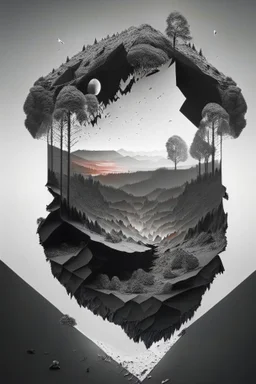 Beautiful landscape with trees, earth opens up and breaks down in black polygons.